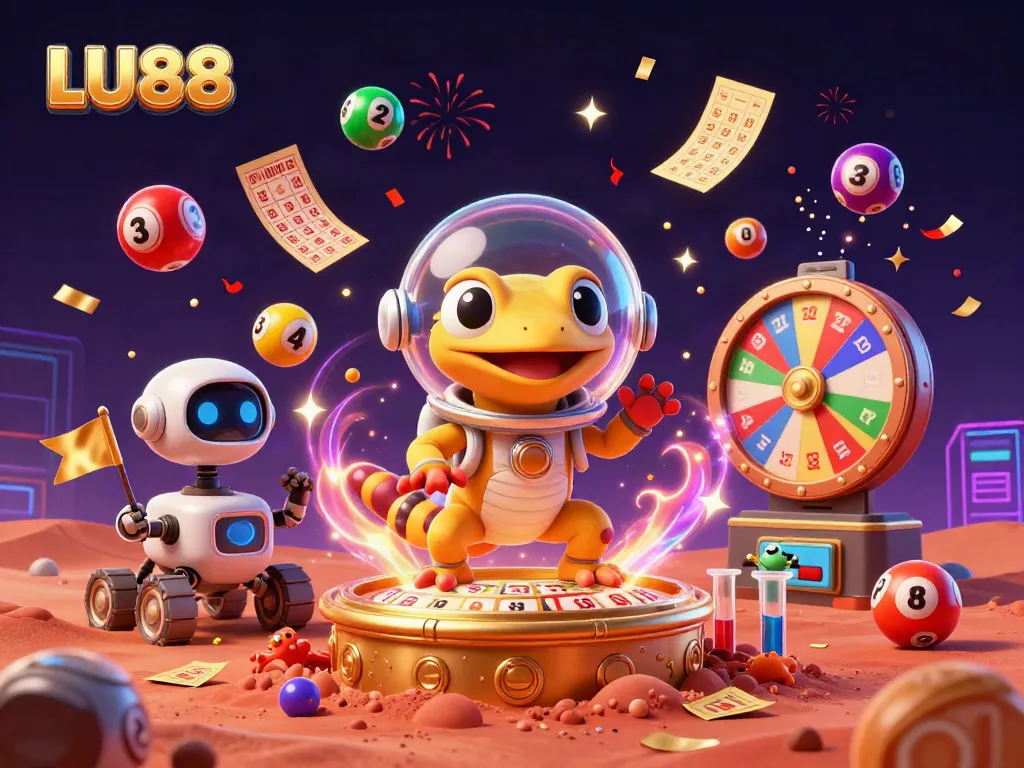 Join the fun at LU88 as Martian gecko celebrates a winning casino adventure among colorful lottery elements.