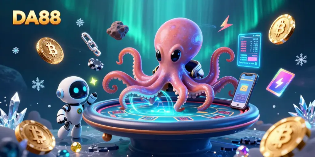 Engage in thrilling poker action with DA88's alien octopus and holographic table set in an animated space