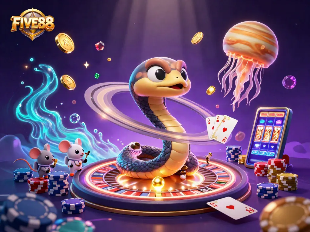 Engage in dynamic betting with FIVE88 in this vibrant cosmic casino scene.