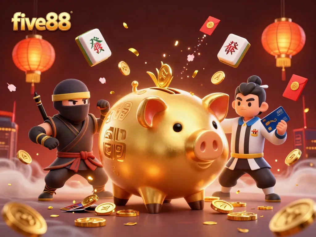 Experience the excitement of five88 with a vibrant casino action scene featuring animated characters and festive decor.