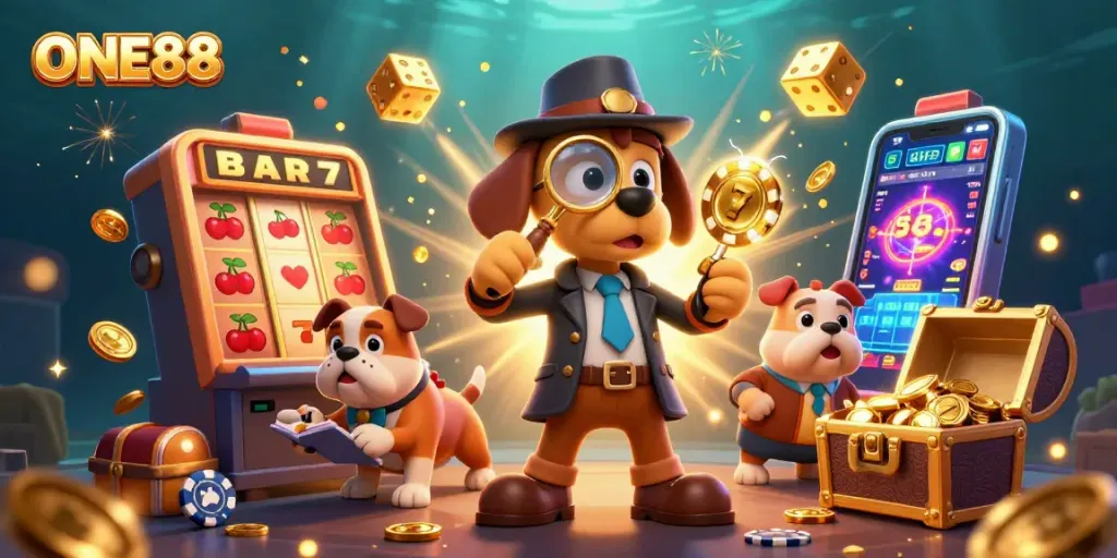 Engage with the thrilling world of ONE88 as a detective uncovers golden poker chips amidst a vibrant casino scene.