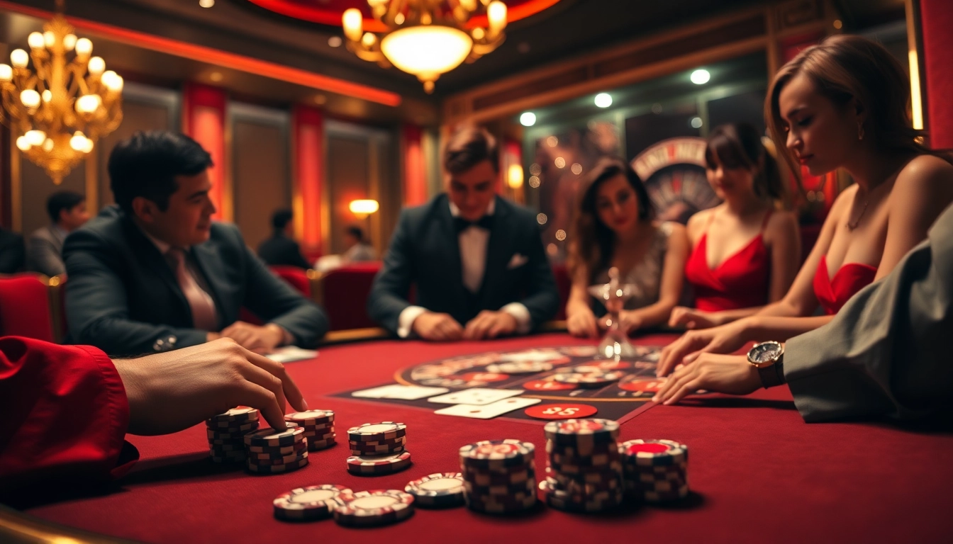 Engaged players at a luxurious poker table with glamorous chips and cards, reflecting ww88 excitement.