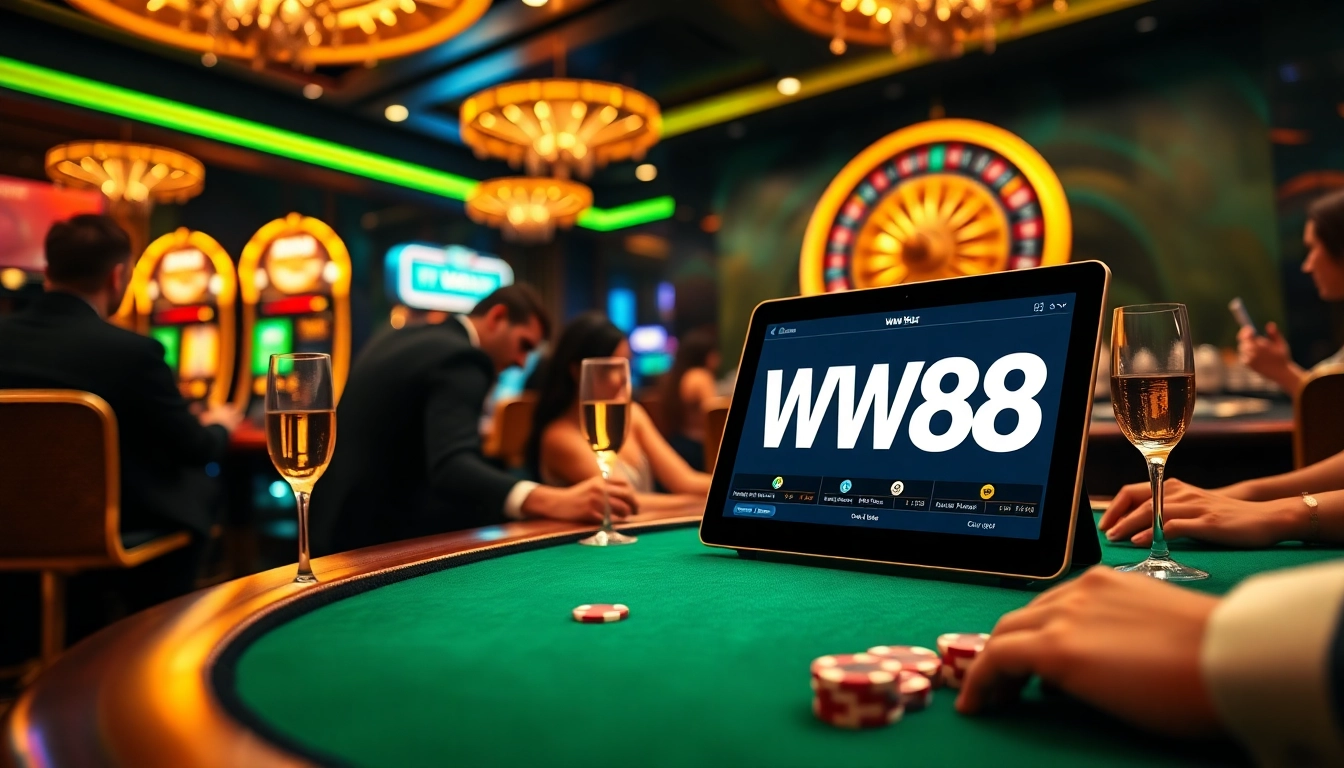 WW88 online casino scene with poker players and a roulette wheel conveying excitement.
