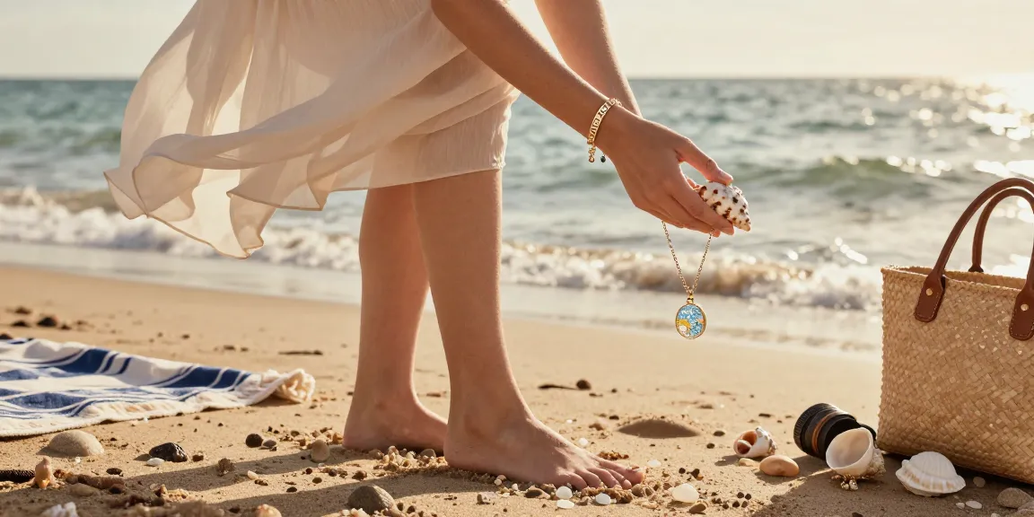 Beautiful woman in personalised jewellery uk on beach, showcasing engraved bracelet and ocean-themed charms.