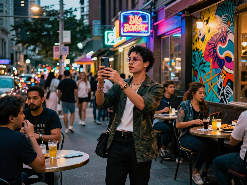NSFW urban nightlife scene with vibrant neon lights and stylish individuals enjoying the atmosphere.