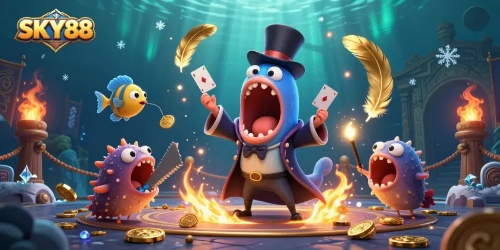 Sky88 showcases a magical underwater gambling scene with vibrant characters and dynamic elements.