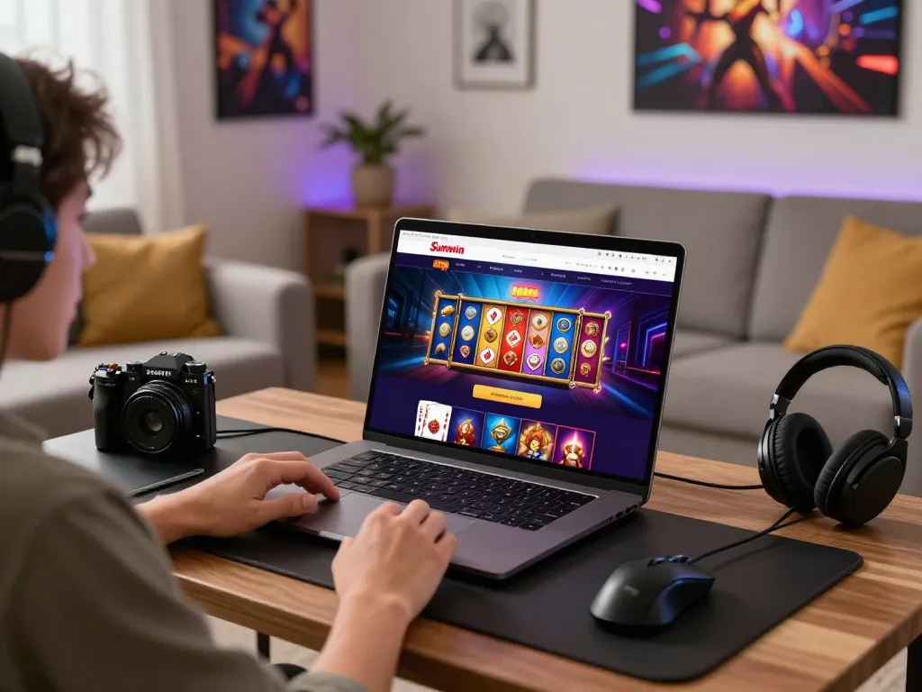 Engaging with https://sunwin7979.com/ in a cozy living room, showcasing vibrant online games.