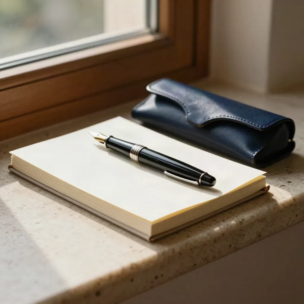 Bio-writing kit with pen, notebook, navy spectacles case and proof stack on a sunlit ledge.