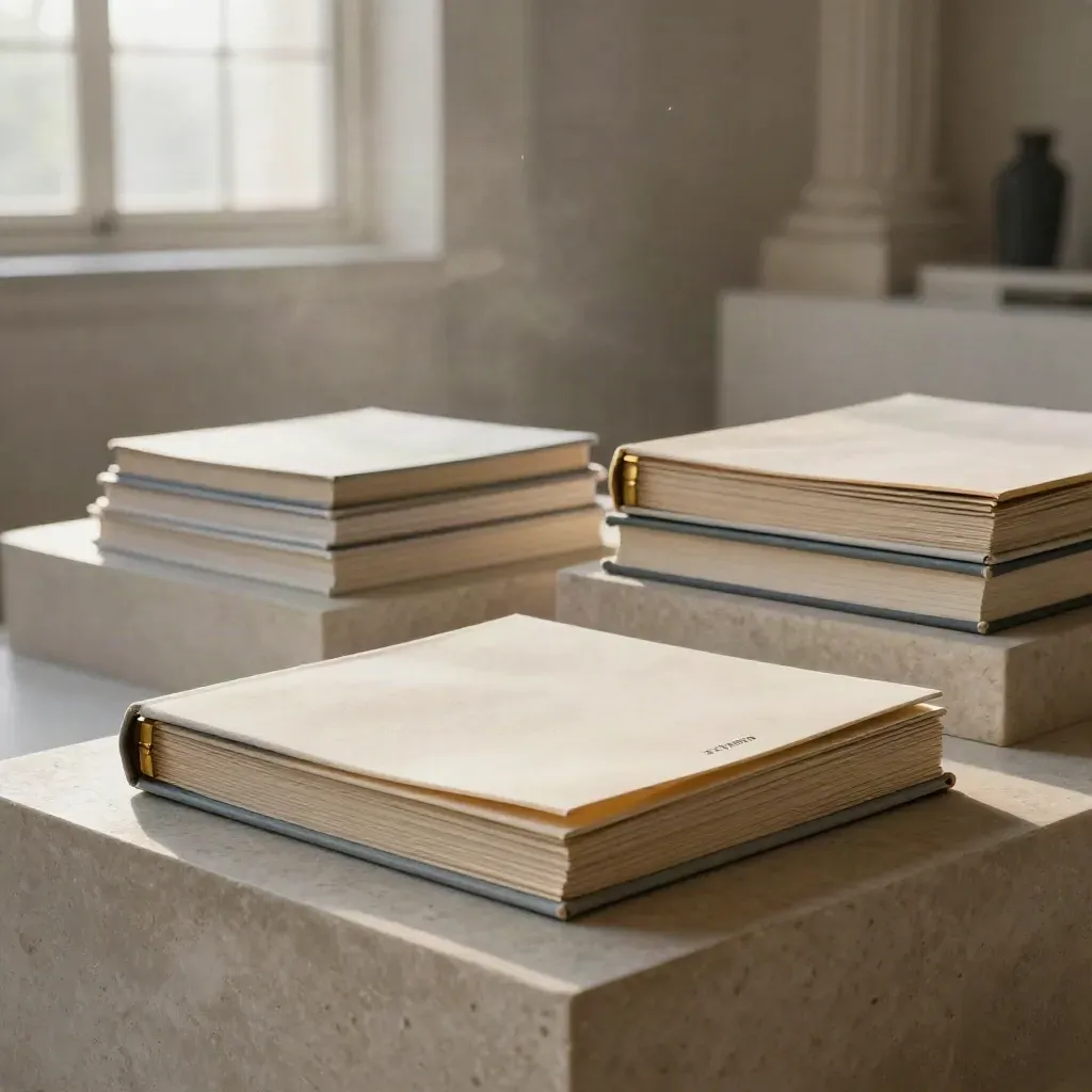 Cream folders and linen case-study books on stone plinths in dawn mist