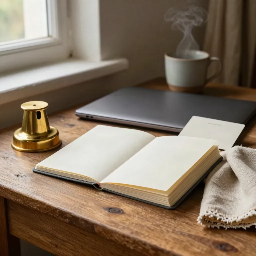 Tabbed copy cards, closed laptop, brass weight and linen swatch on an oak workbench by a sunlit window.