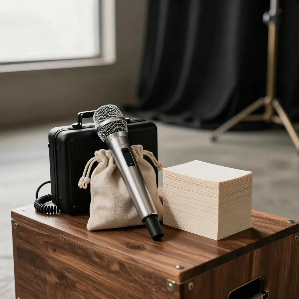 Backstage speaker bio kit with microphone, lav case and cue cards on a walnut crate.