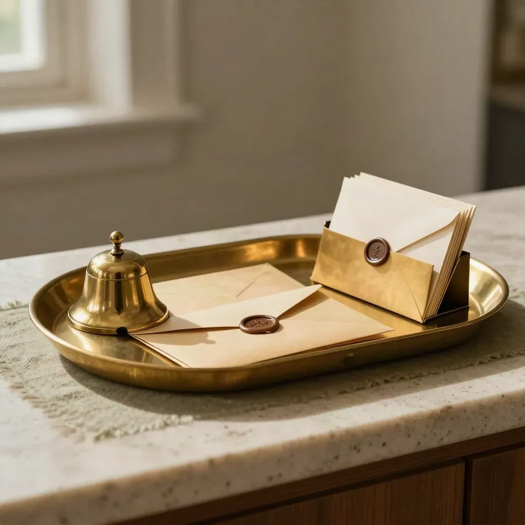 Brass reply tray with envelopes, bell, and card holder in soft morning light.