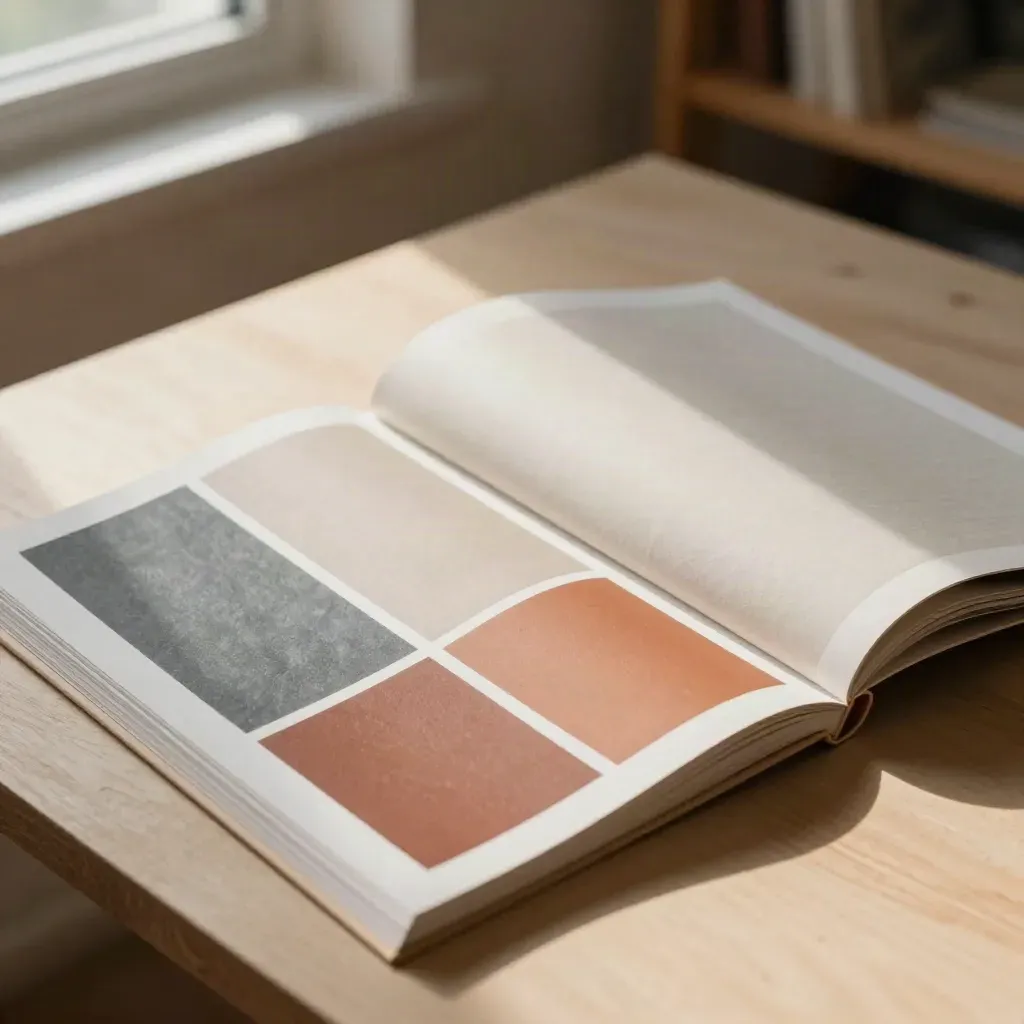 Top-down portfolio review spread with swatches, mock pages, and a folded proof jacket