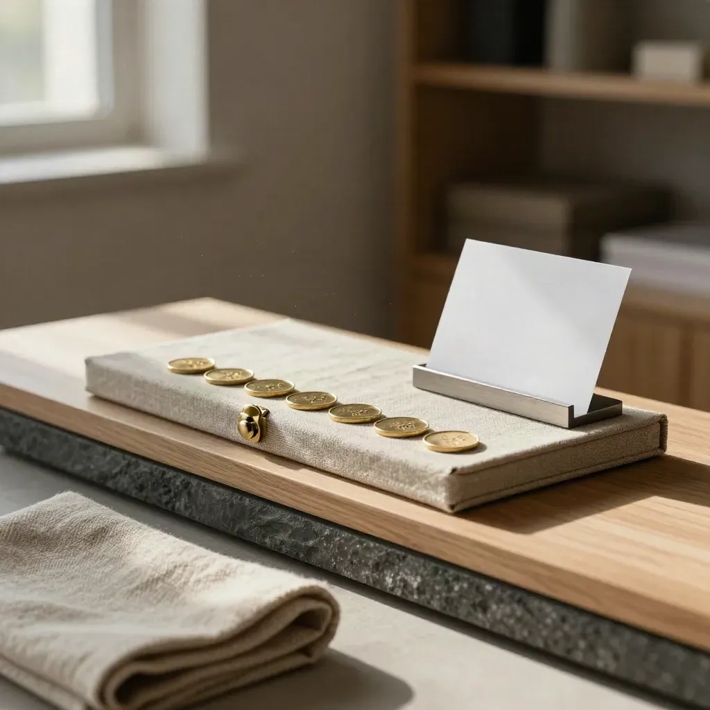 Linen portfolio case, six brass tokens, and a sleek card stand in a warm studio corner.