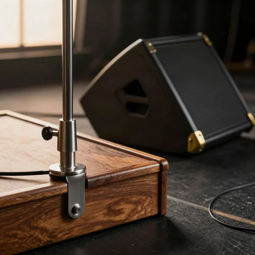Mic stand, podium edge and stage monitor wedge on an empty hazy theatre stage.