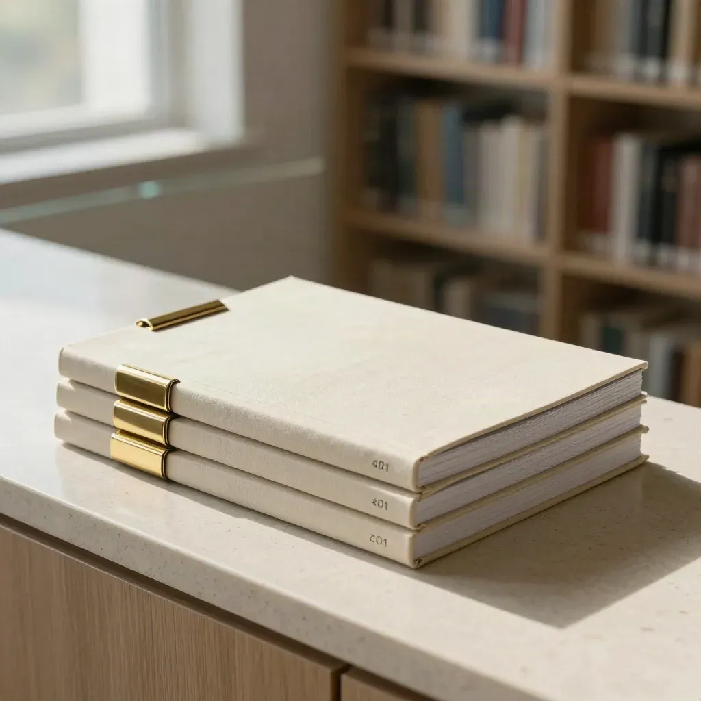 Case-study booklets and a sealed sleeve on travertine, ready to submit.