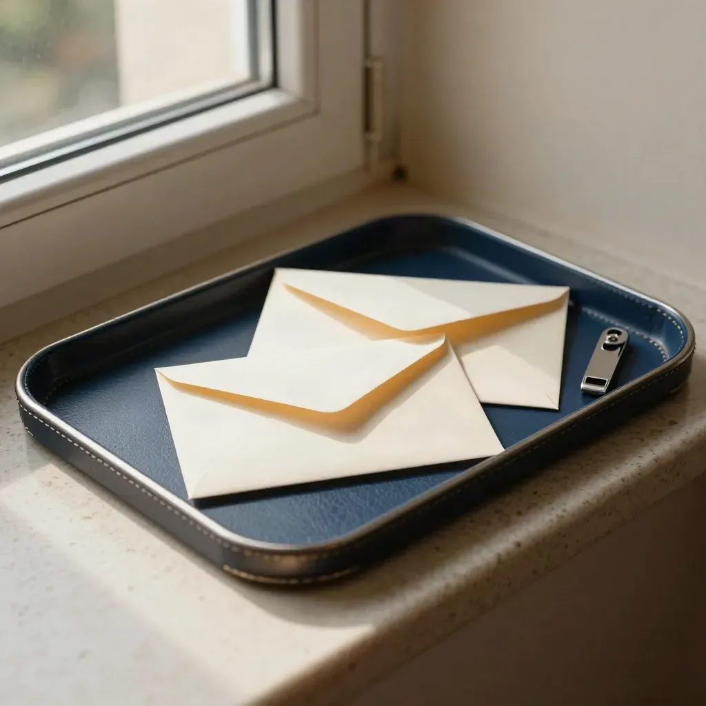 Navy reply tray with one open and one sealed envelope on a sunlit travertine ledge.