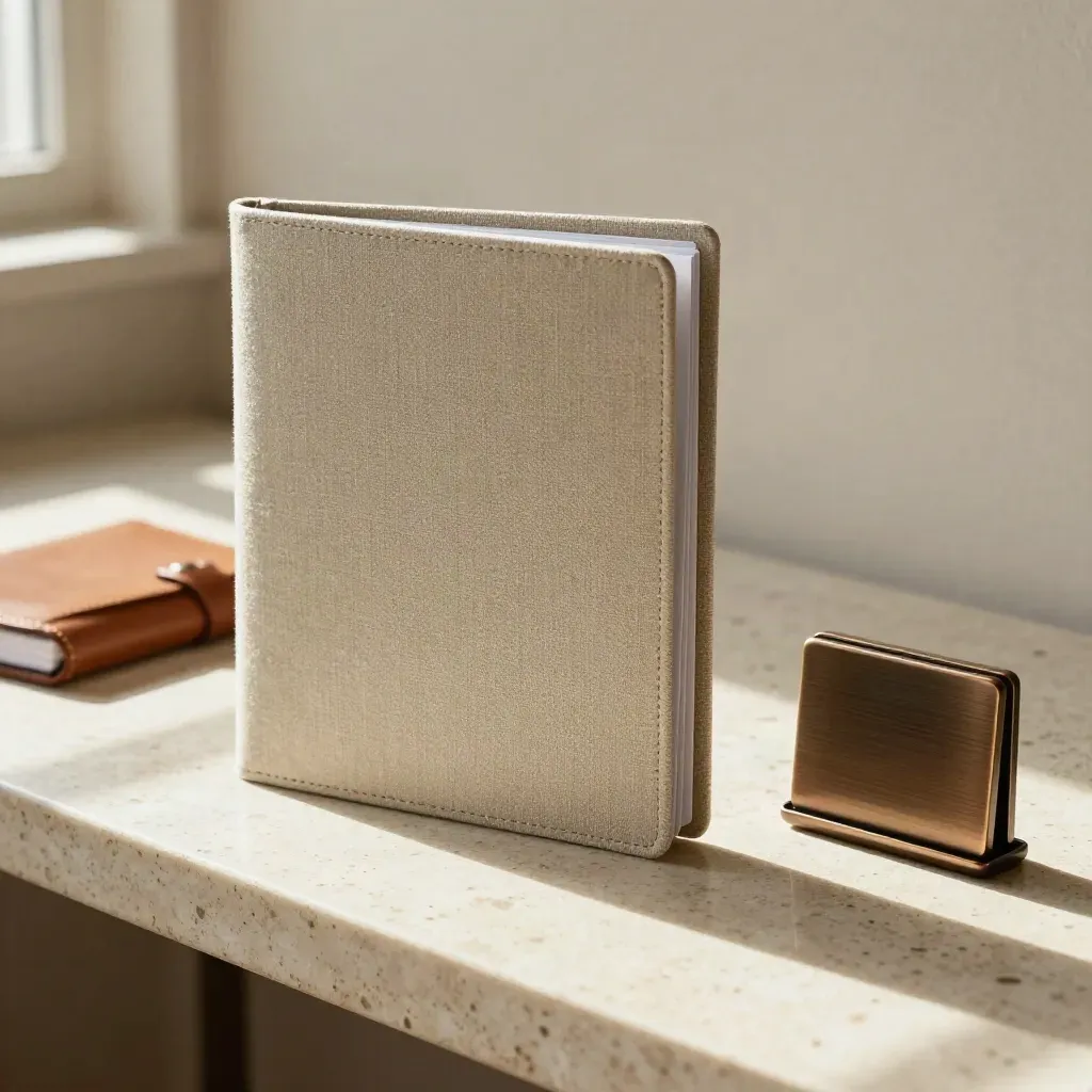 Portfolio folder, interview notebook, and reference-card holder on travertine in soft daylight.