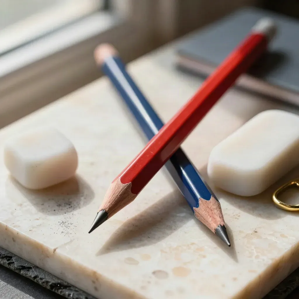 Macro of red and blue pencils, eraser, and brass clip on travertine.