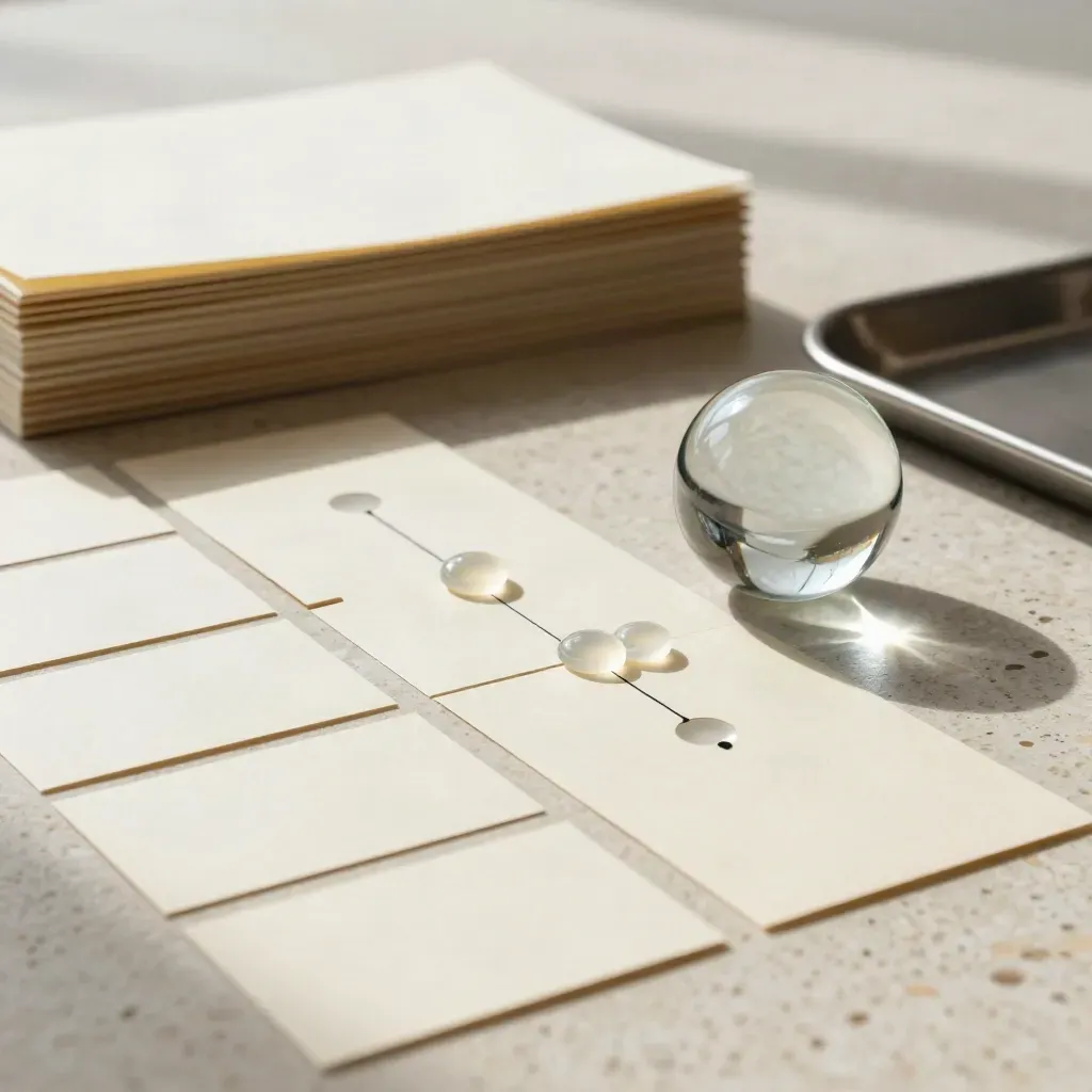Low still life of planning cards, translucent tokens, and a glass paperweight on travertine.