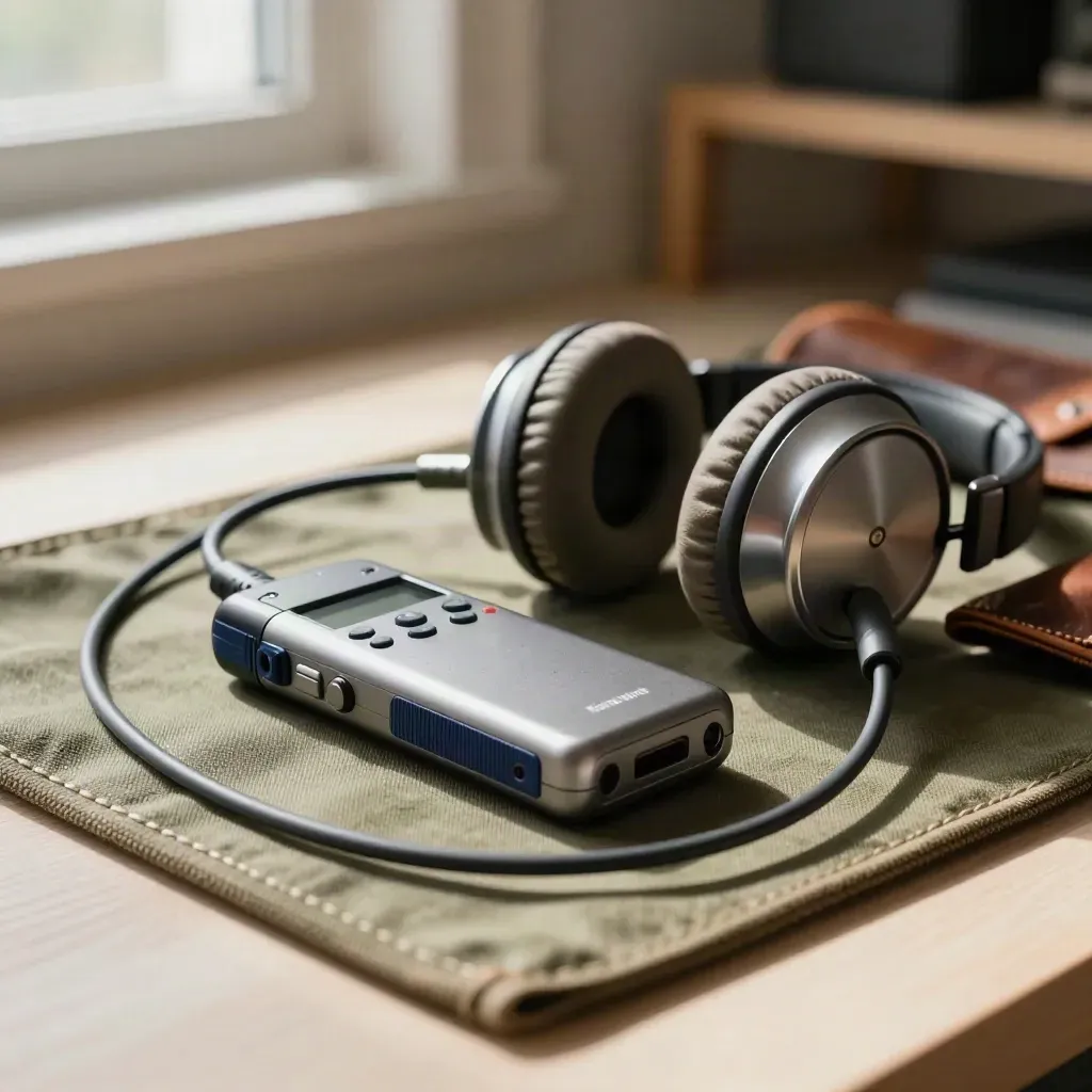 Portable recorder, coiled cable and headphones on a warm mat, lit by soft directional daylight.