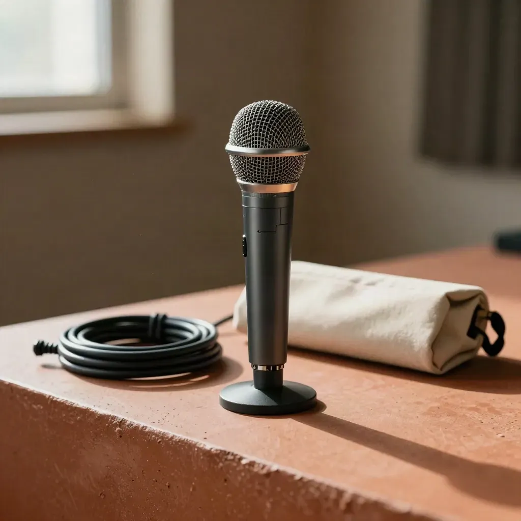 Microphone, cable wrap and pouch on a terracotta ledge in soft daylight.