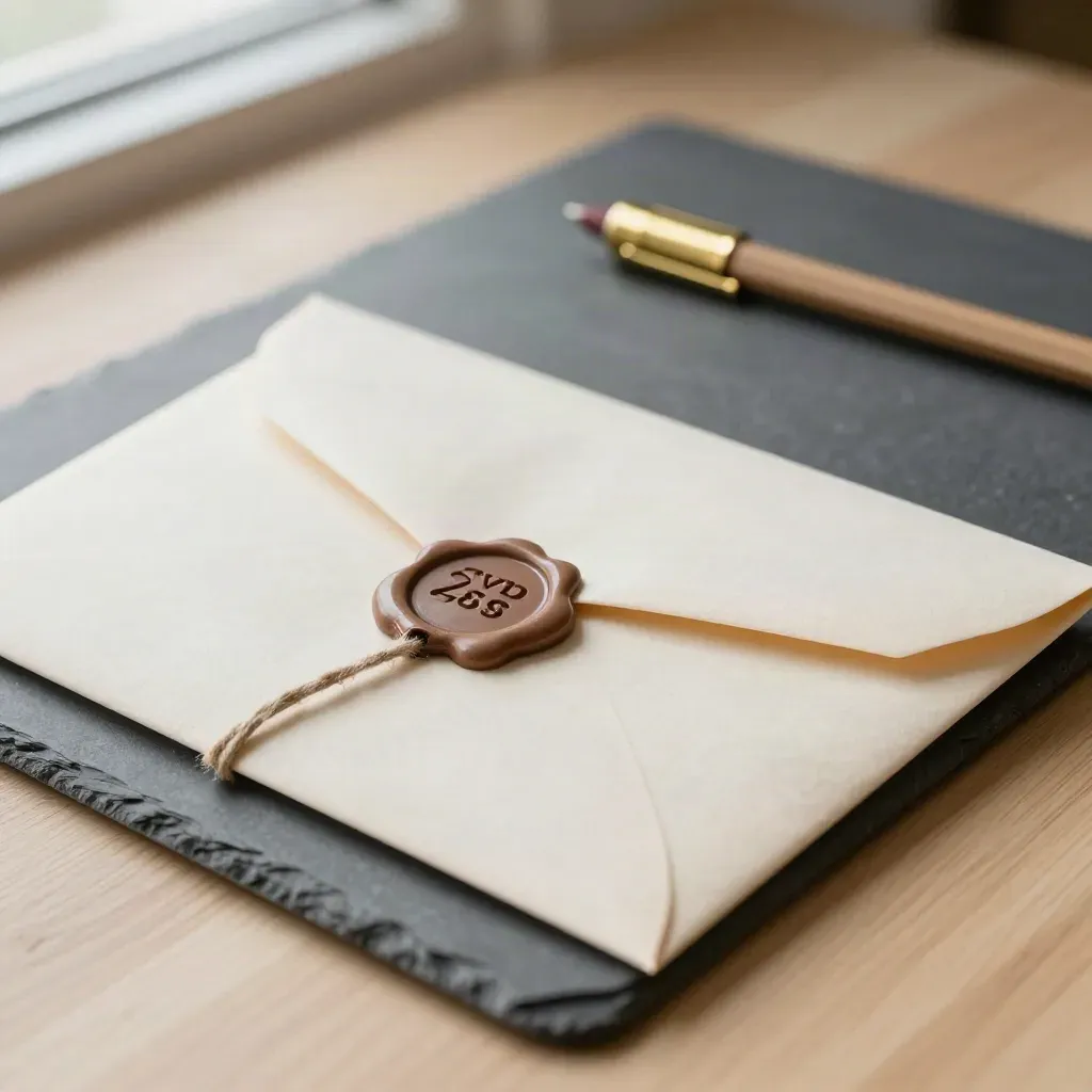 Sealed briefing envelope with brass clip and string tie on pale oak, soft side light.