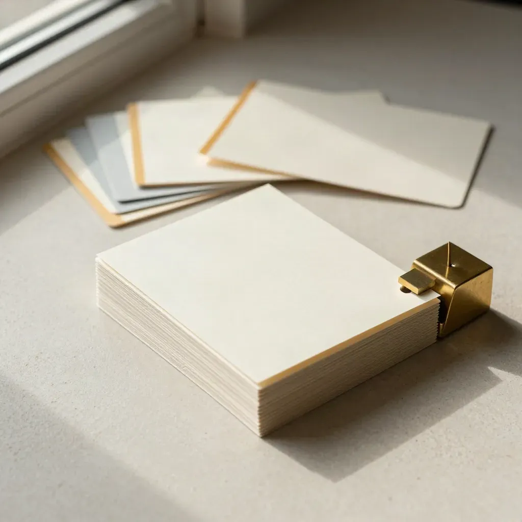 Overhead stack of blank tabbed cards and a brass paperweight on soft plaster.