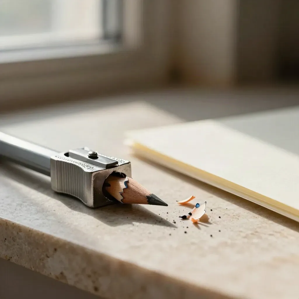Pencil, sharpener, shavings, and eraser crumbs on a warm limestone surface.