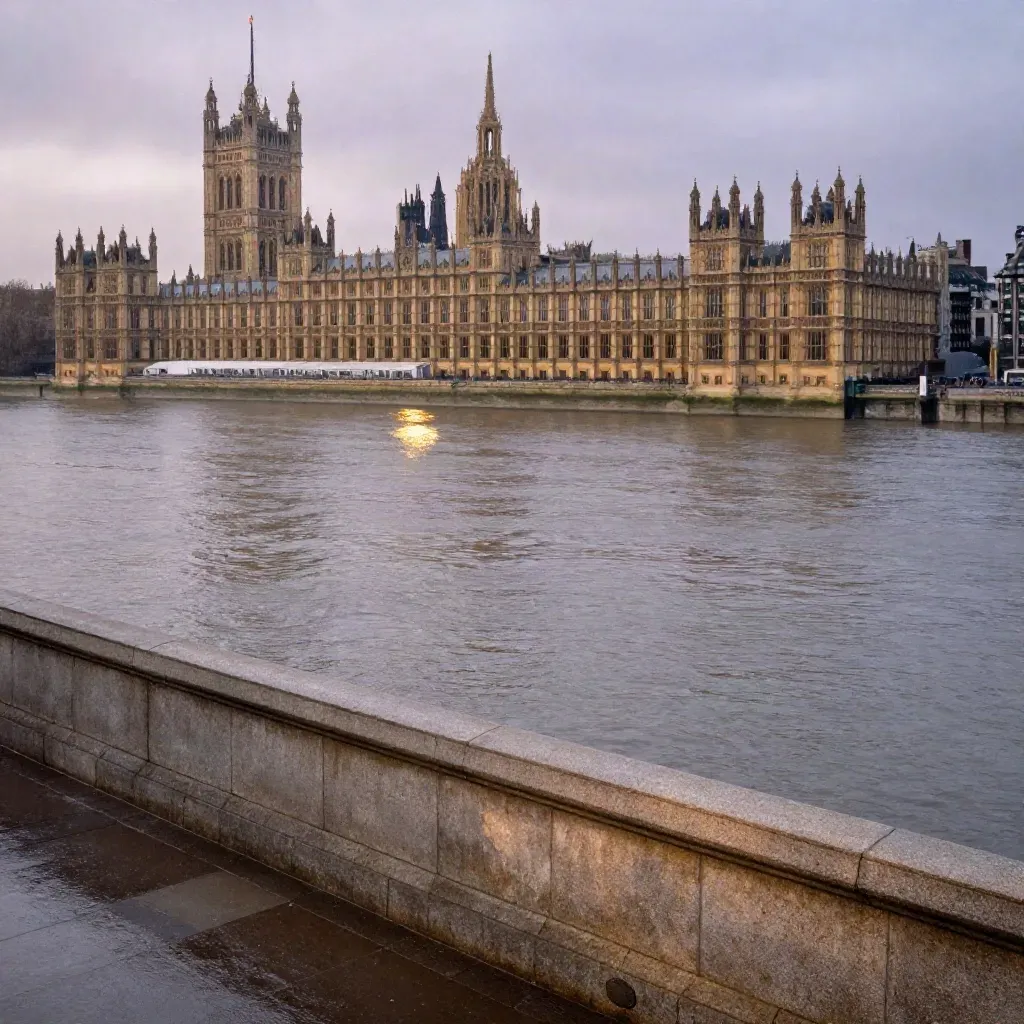 Westminster and Parliament above the Thames in rain haze, with calm water and stone embankment.