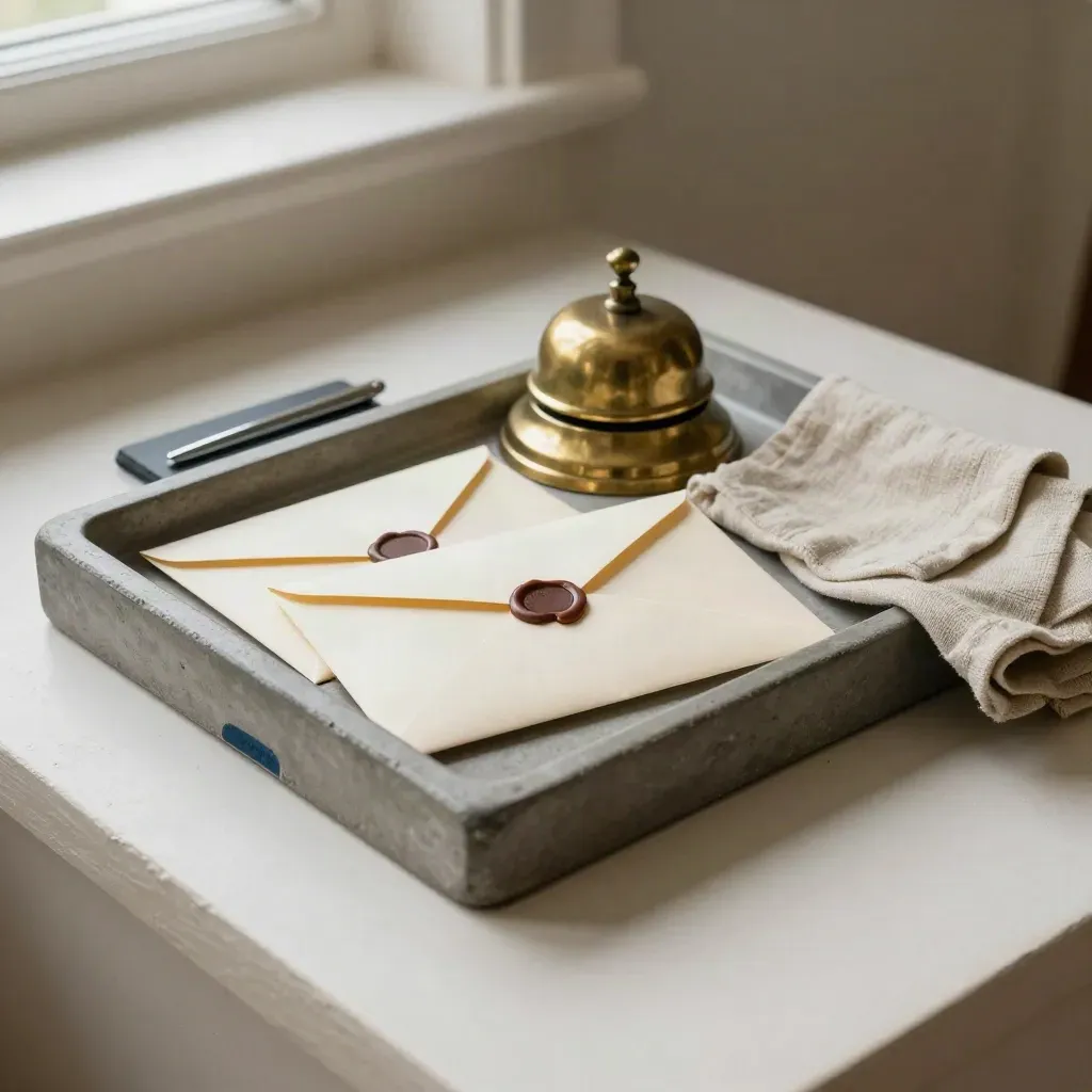 Stone tray with sealed envelopes, brass bell, pen rest and linen on a pale surface.
