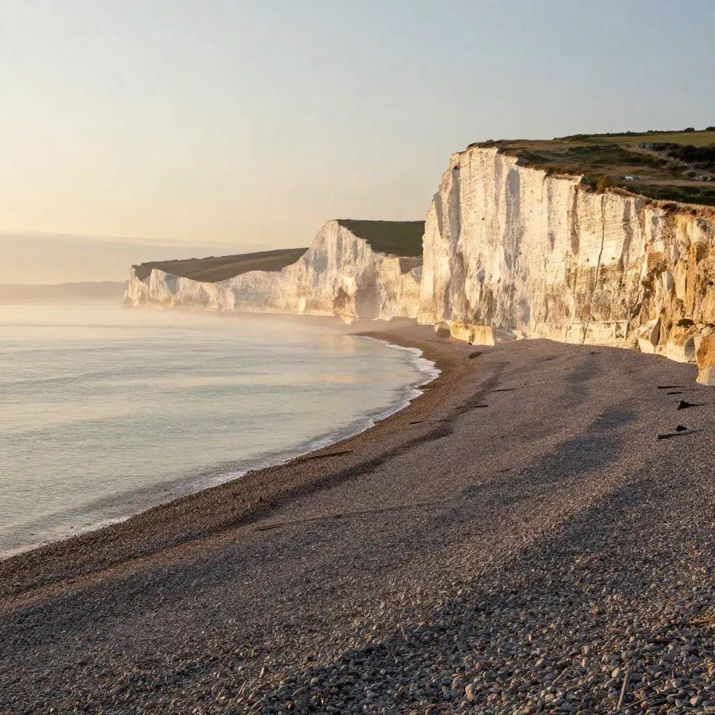 Sunlit Sussex chalk cliffs glow above misty sea and pale shingle at sunrise