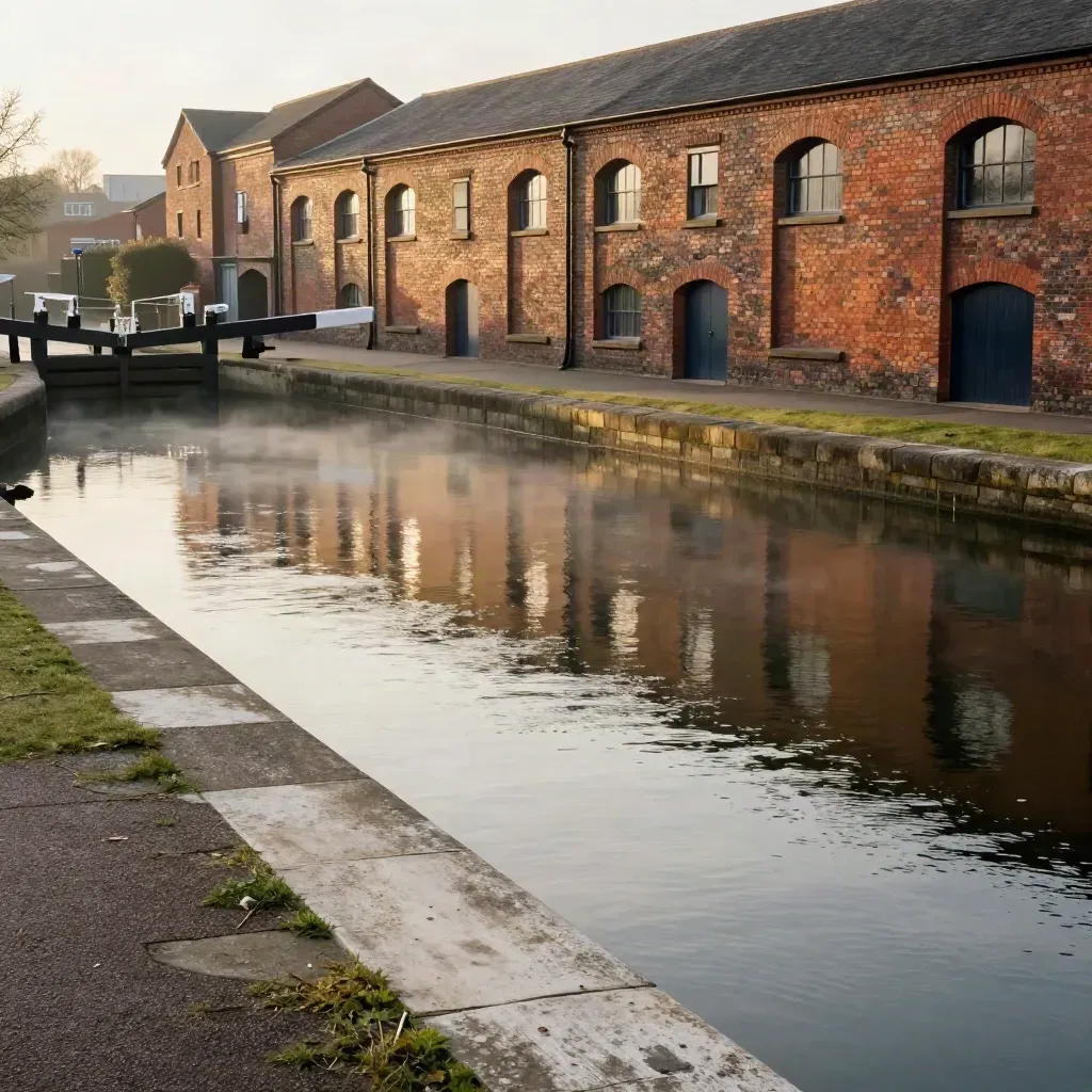 Hazy Birmingham canal arches above still water and stone in warm late light.