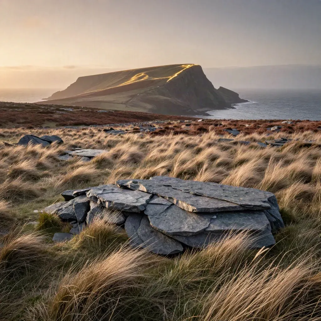 Wind-combed moorland and distant headland under dusk haze