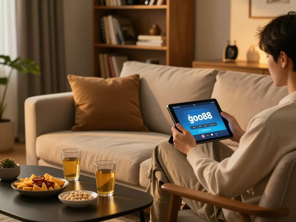 Engaging scene of a person using the tải go88 app on a tablet in a cozy home setting.