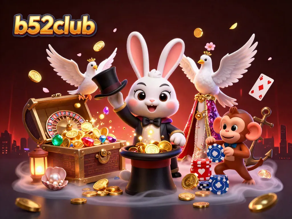 Engage in the thrilling world of b52club with our vibrant 3D casino illustration featuring captivating characters and magical elements.