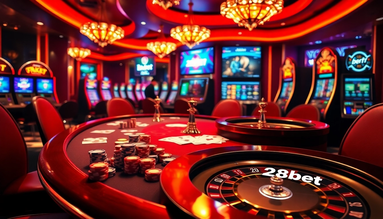 Experience high-stakes gaming at 28bet with poker tables and vibrant casino visuals.