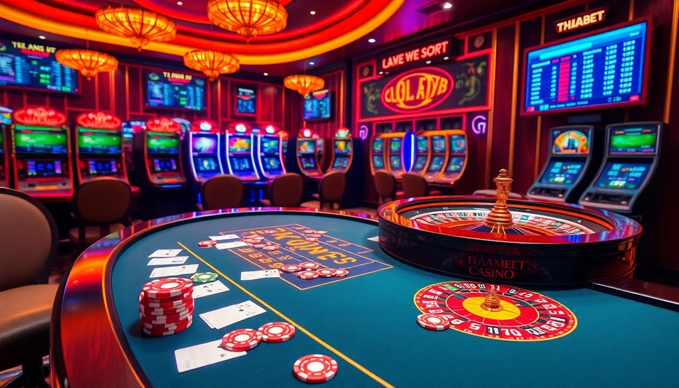Experience the thrill of online gambling at thabet1.net with vibrant casino tables and exciting betting action.