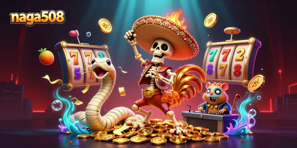 Naga508 brings excitement with a dancing mariachi rooster, mummy snake, and DJ hamster amidst slot machine elements.