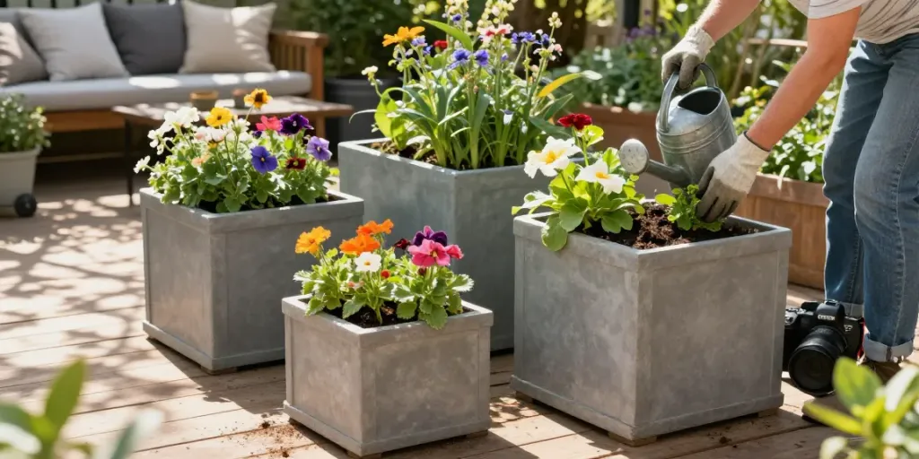 Beautiful square planters filled with colorful flowers and greenery in a sunny garden setting.