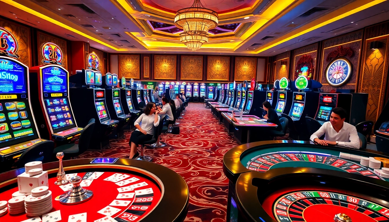 Experience the thrill of ev88 online gaming with vibrant casino visuals and players enjoying top-notch games.