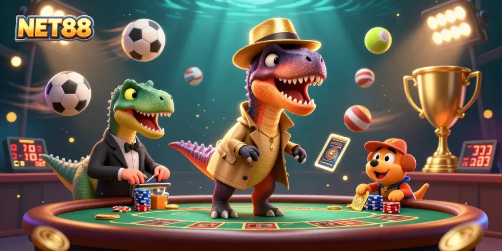 Catch the excitement of NET88 with a clever velociraptor card counter at the blackjack table surrounded by sports elements.
