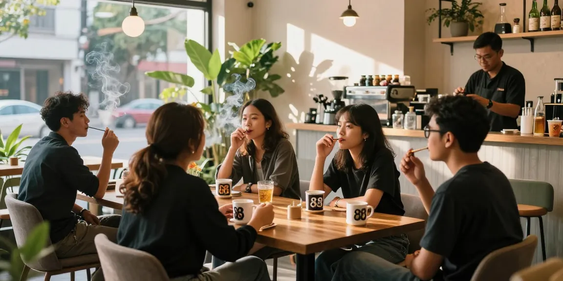 Group of friends enjoying rokok 88 in a vibrant café atmosphere, capturing social interaction.