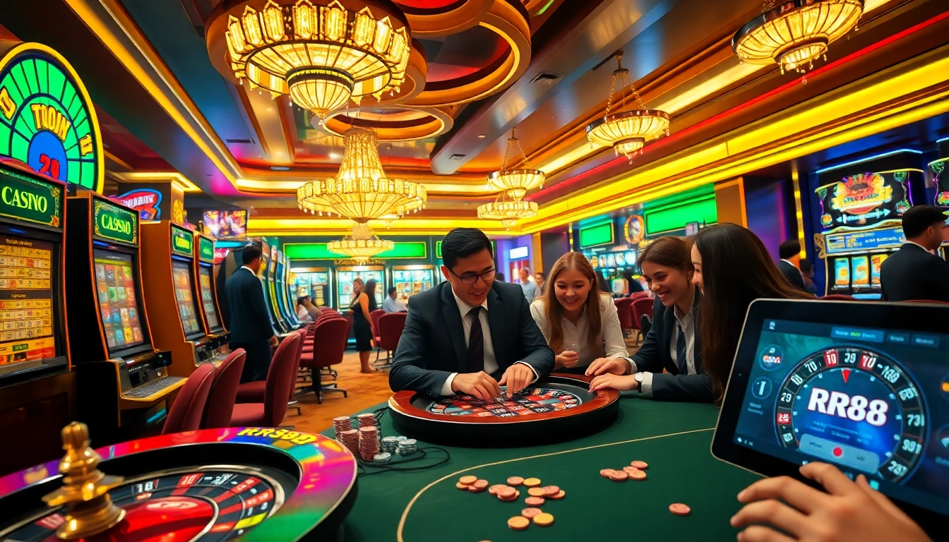 Enthusiastic players enjoying a vibrant casino atmosphere at RR88, featuring slot machines and poker tables.