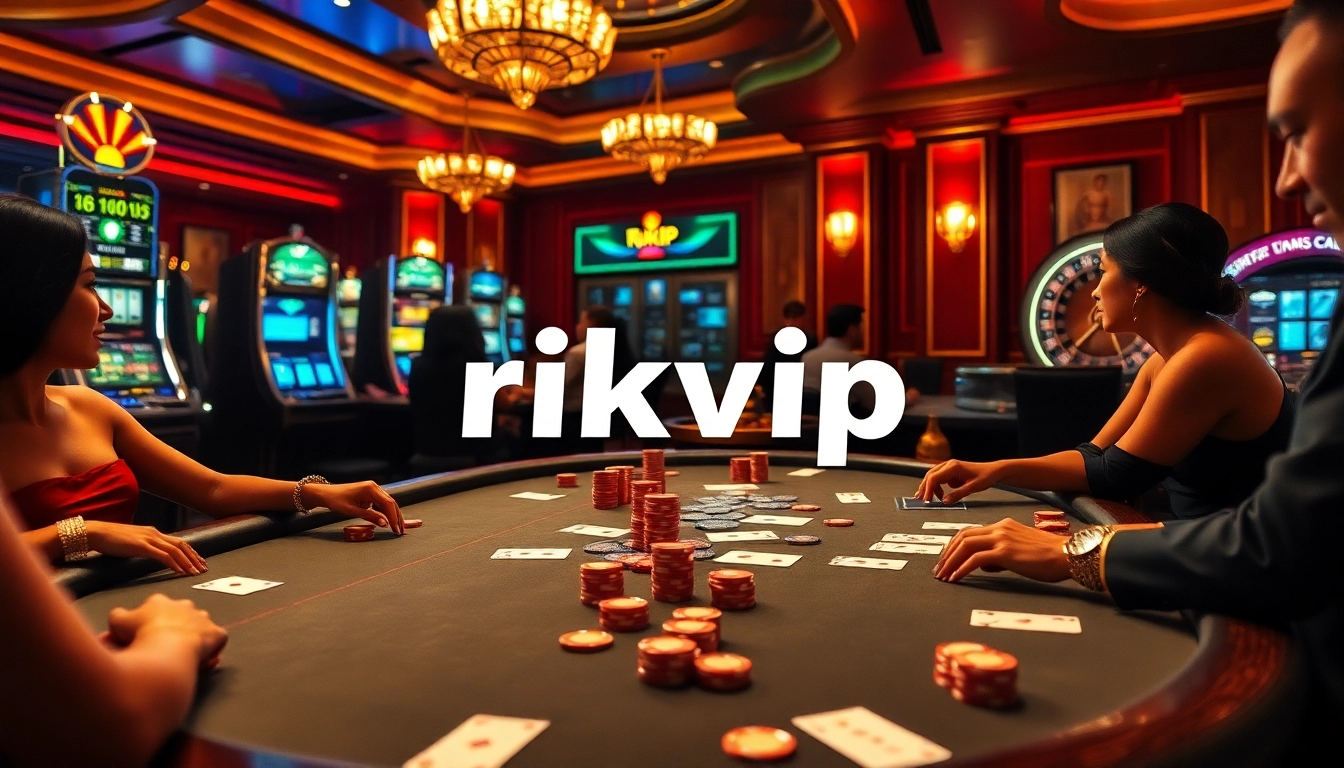 Engaged gamblers strategizing at a rikvip poker table filled with chips and cards.