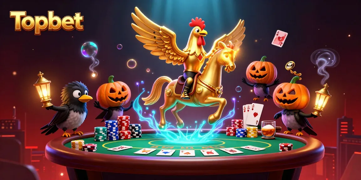 Engage in high-stakes gaming with Topbet in a vibrant 3D casino scene featuring a golden rooster and poker elements.