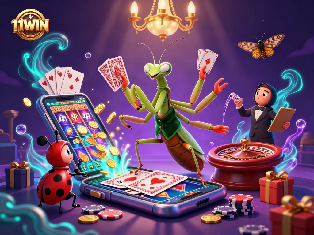 11WIN casino features a vibrant giant praying mantis card sharp and ladybug pit boss in an engaging gambling scene.