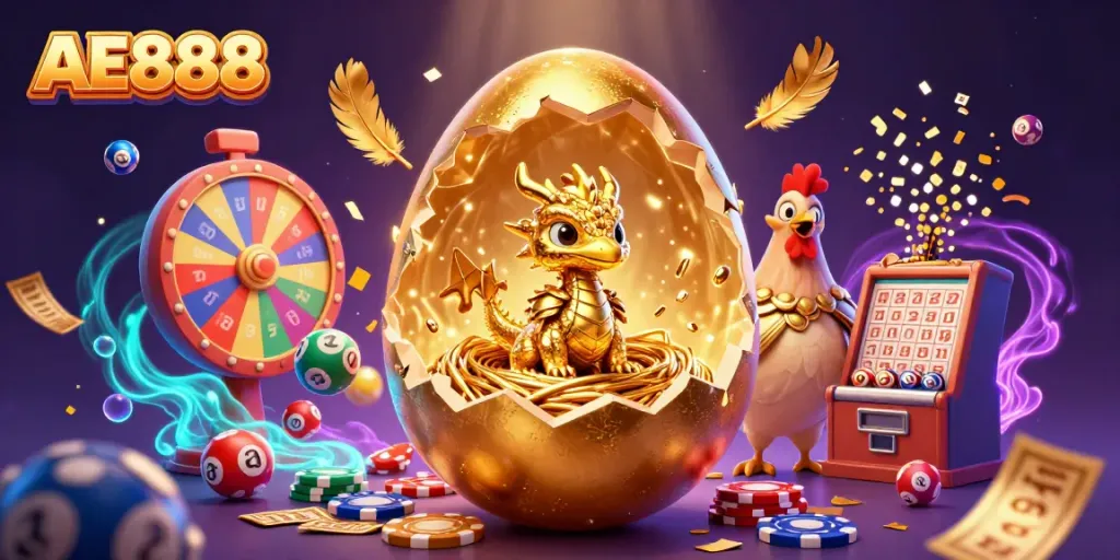 Engage with AE888's dazzling golden dragon and poker chips as lottery balls bounce around in this vibrant casino scene.
