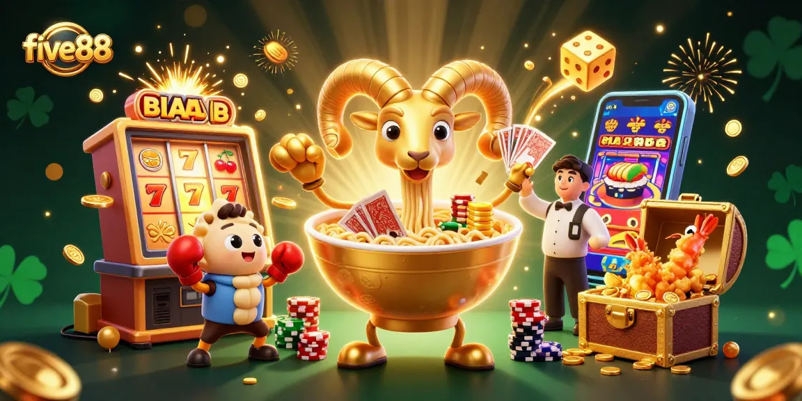 Join the excitement at five88 with a vibrant 3D casino scene featuring a golden ramen bowl and festive game elements.