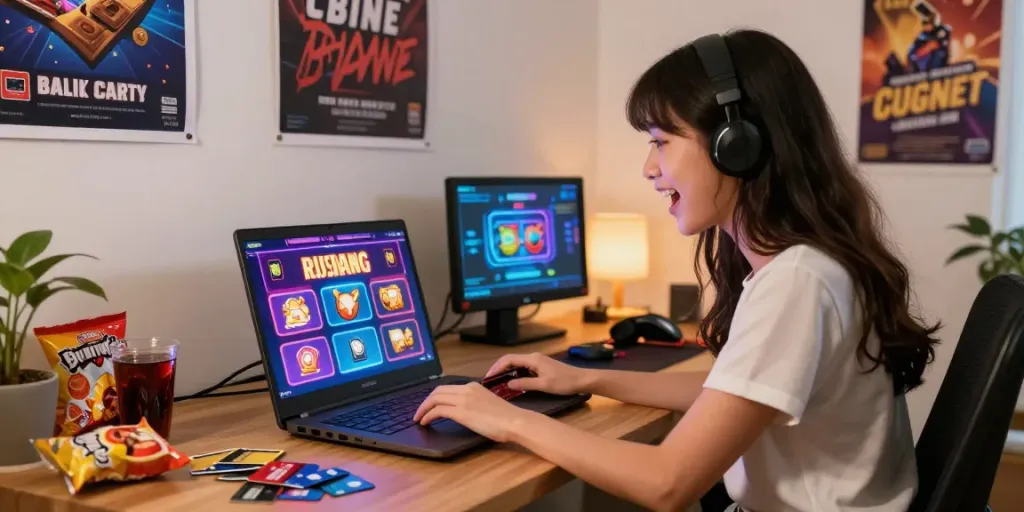 Engaging young woman playing on credit card casinos in a lively home office.